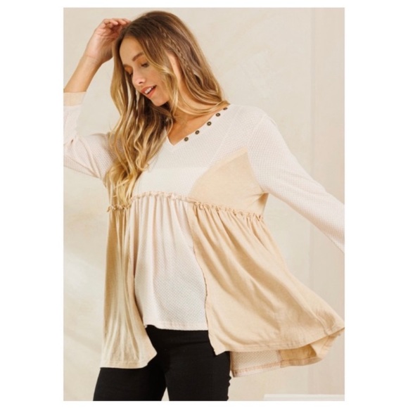 #2038 Buttoned Detail Relaxed Fit V Neck Long Sleeve Top - Picture 6 of 15